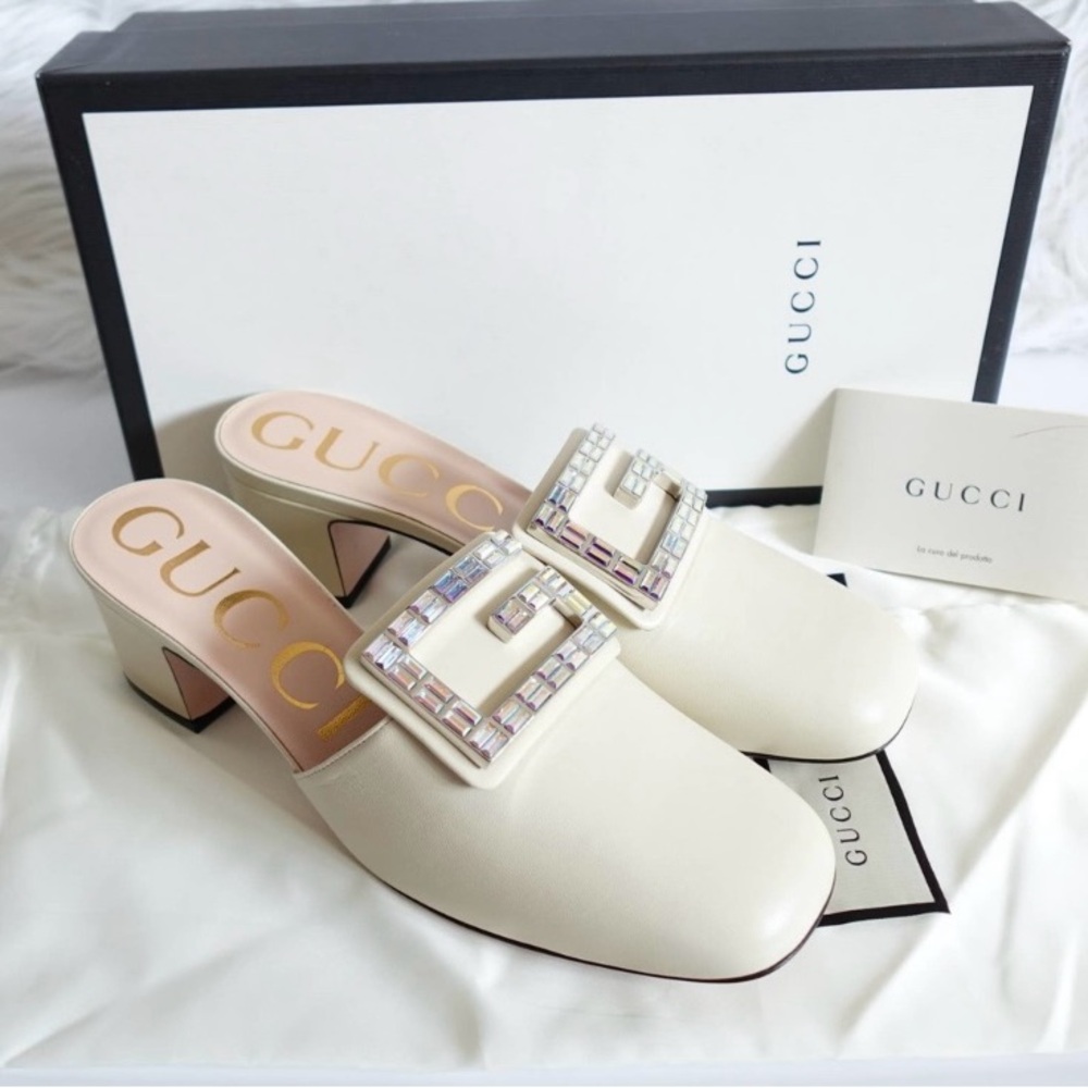 Gucci Madelyn Cream Leather Square Toe Mules w/ Crystal Square G